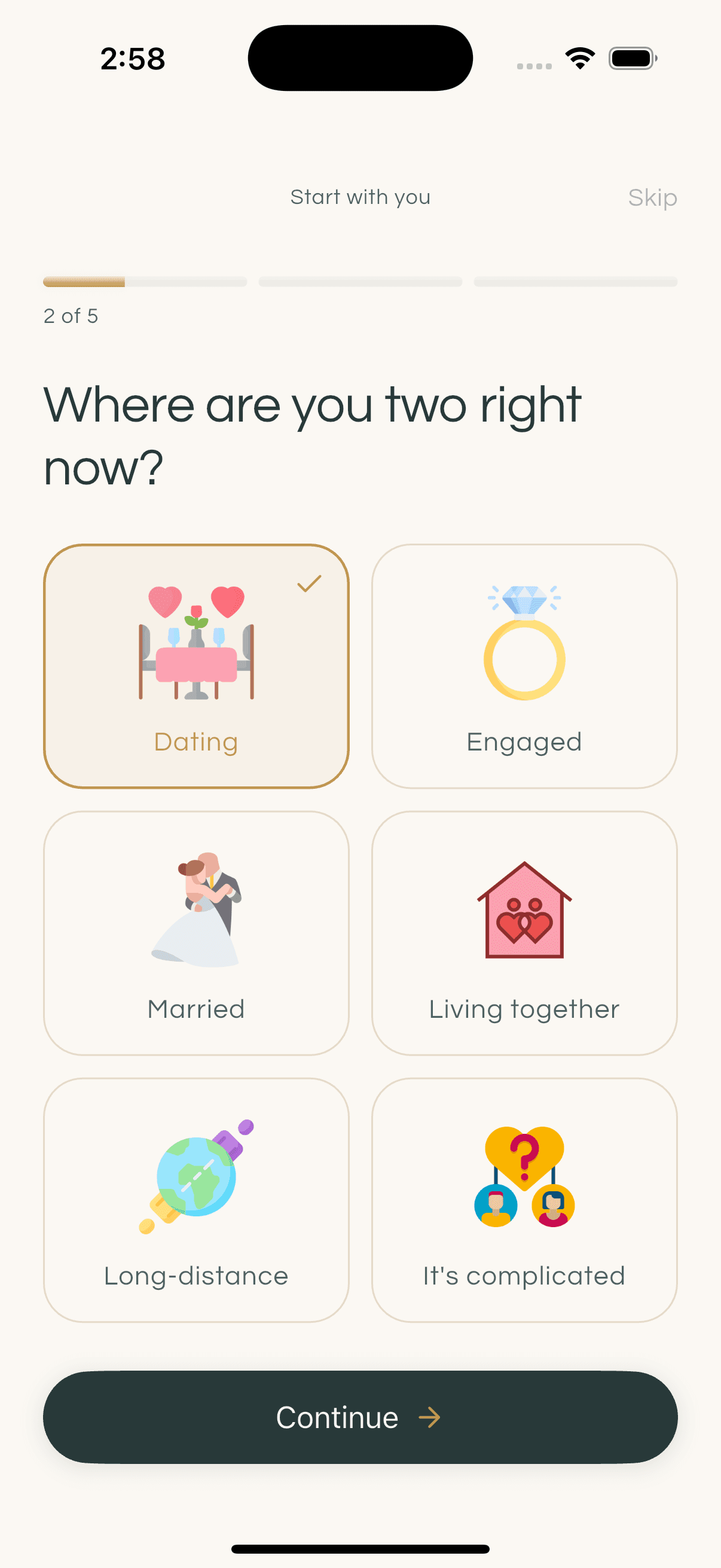 Real Coreife onboarding screen: choosing where you are as a couple right now.