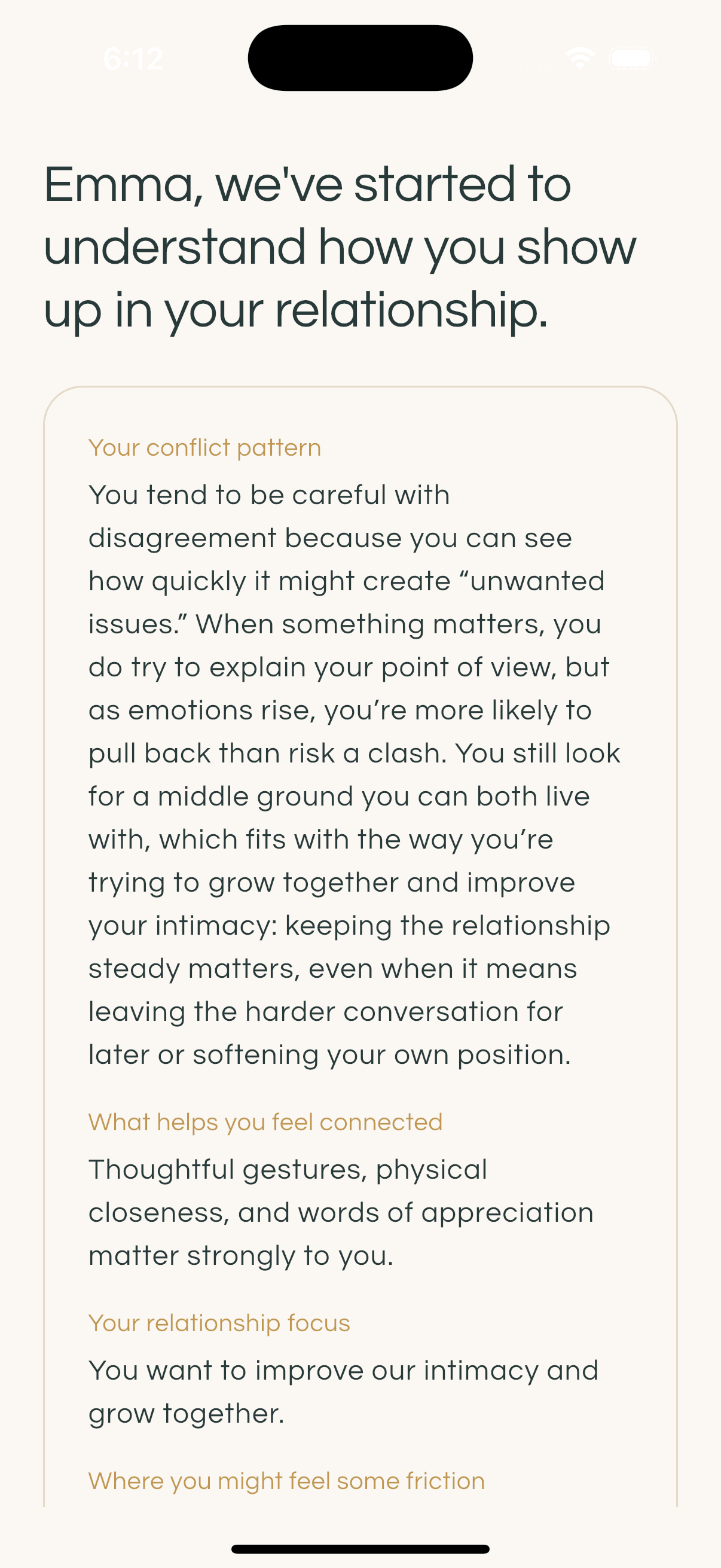 Real Coreife screen: a personalized relationship profile result.